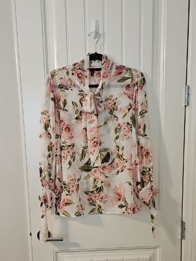 WHBM Sheer Floral Tie-Neck Blouse - Pink Floral